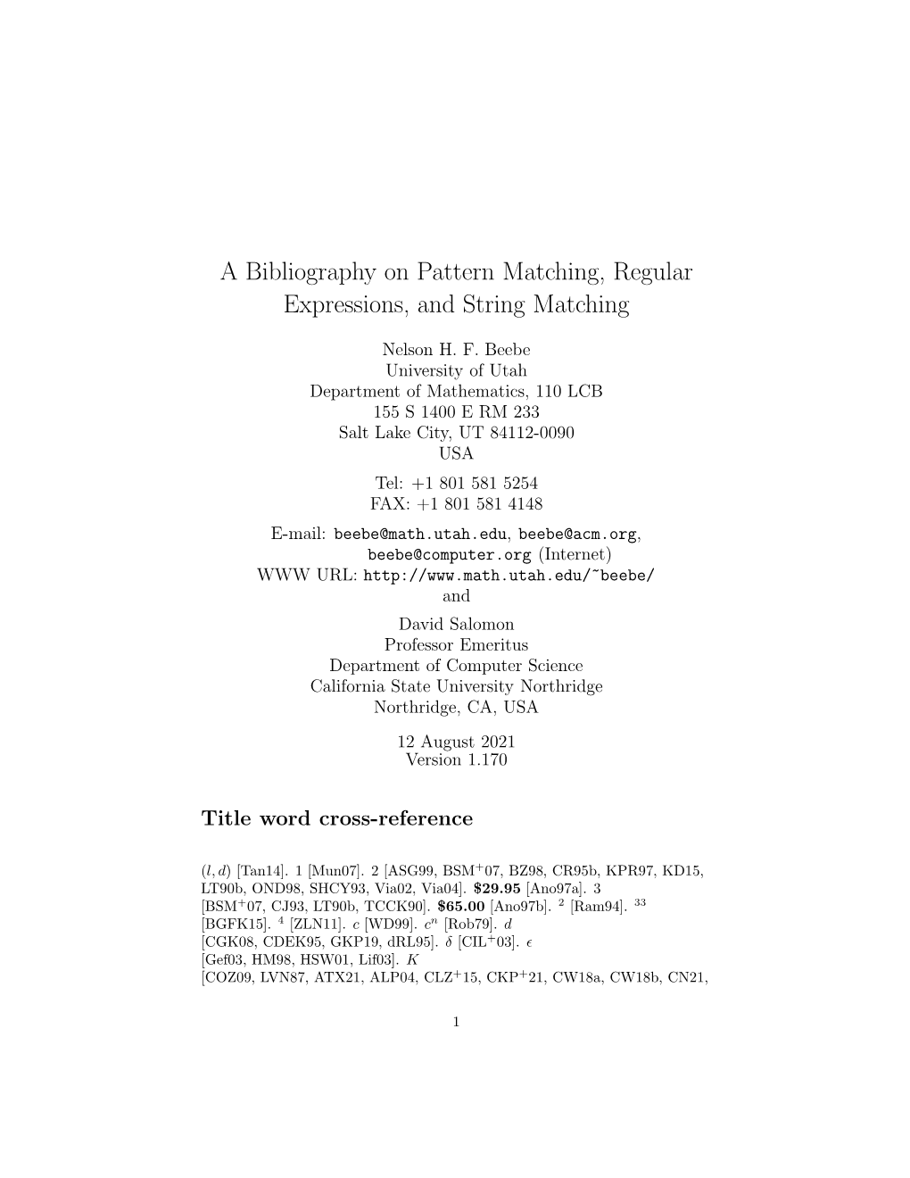 A Bibliography on Pattern Matching, Regular Expressions, and String Matching