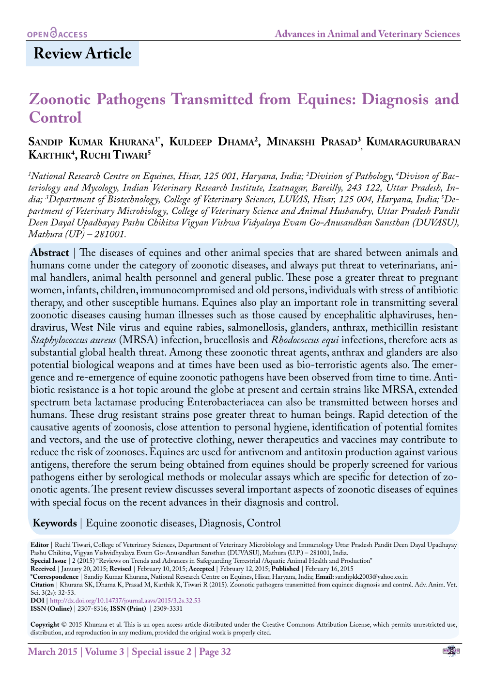 Zoonotic Pathogens Transmitted from Equines: Diagnosis and Control