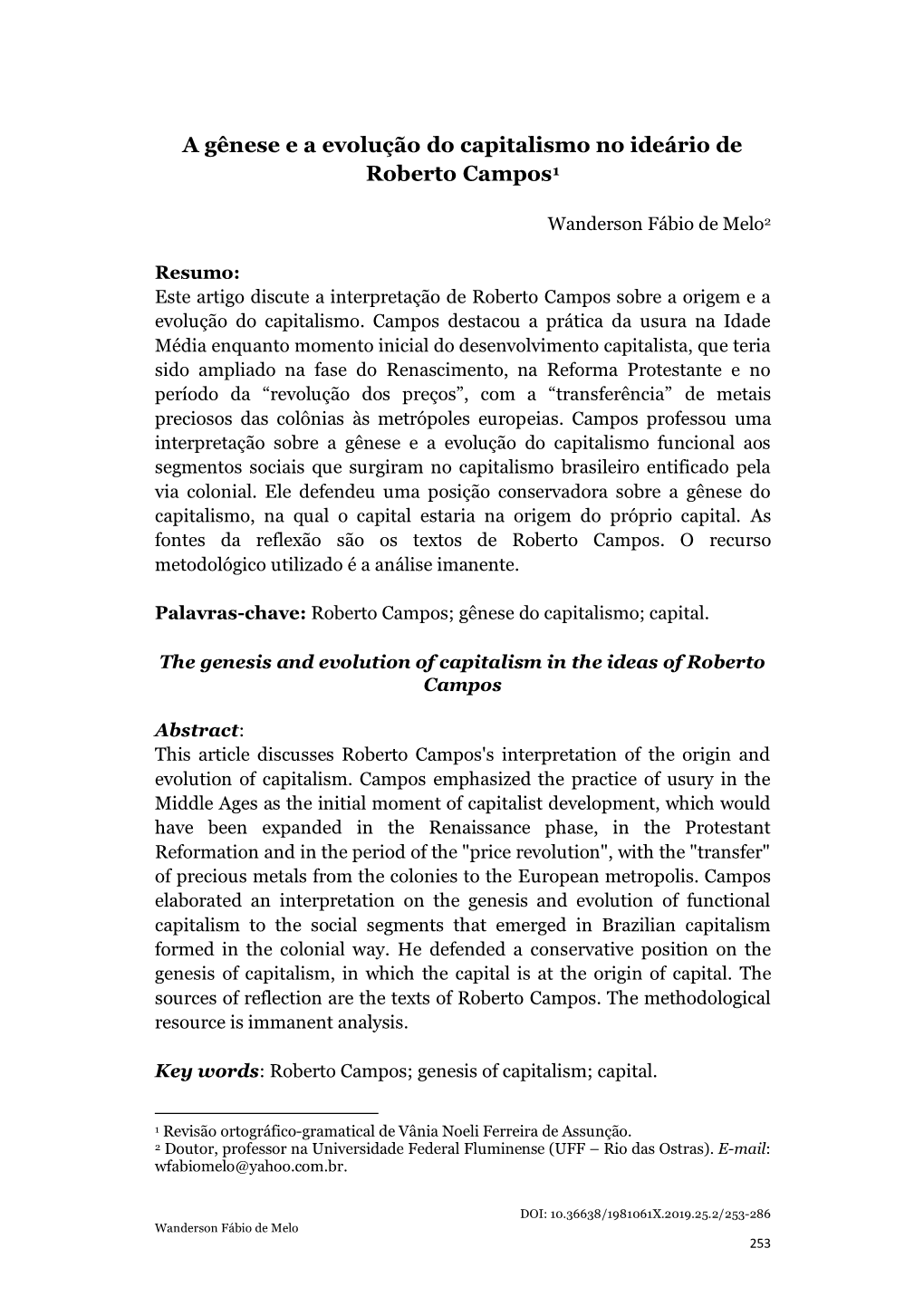 A Gênese E a Evolução Do Capitalismo No Ideário De Roberto Campos1