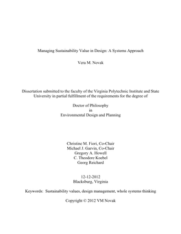 Managing Sustainability Value in Design: a Systems Approach