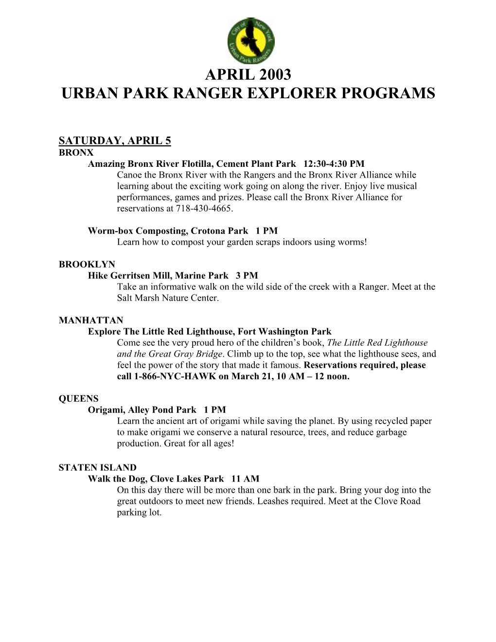 April 2003 Urban Park Ranger Explorer Programs