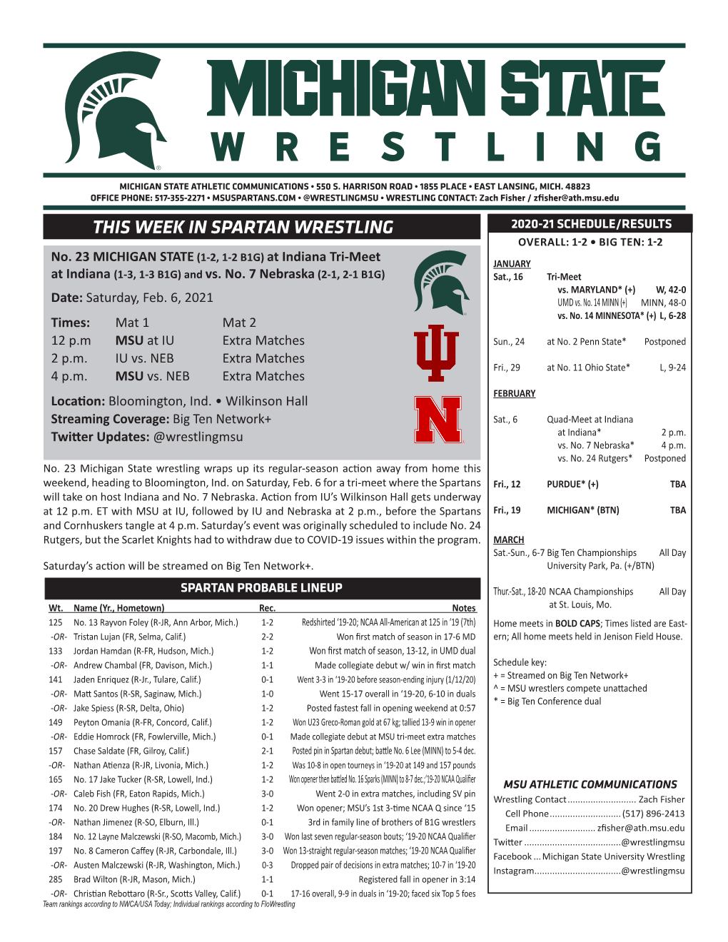 THIS WEEK in SPARTAN WRESTLING 2020-21 SCHEDULE/RESULTS OVERALL: 1-2 • BIG TEN: 1-2 (1-2, 1-2 B1G) No