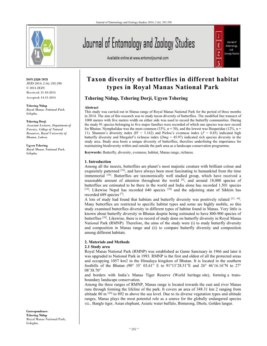 Journal of Entomology and Zoology Studies 2014; 2 (6): 292-298