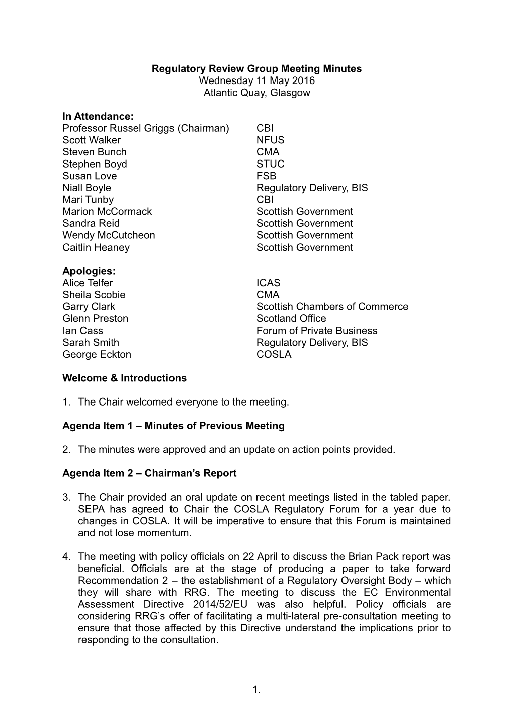 Regulatory Review Group Meeting Minutes