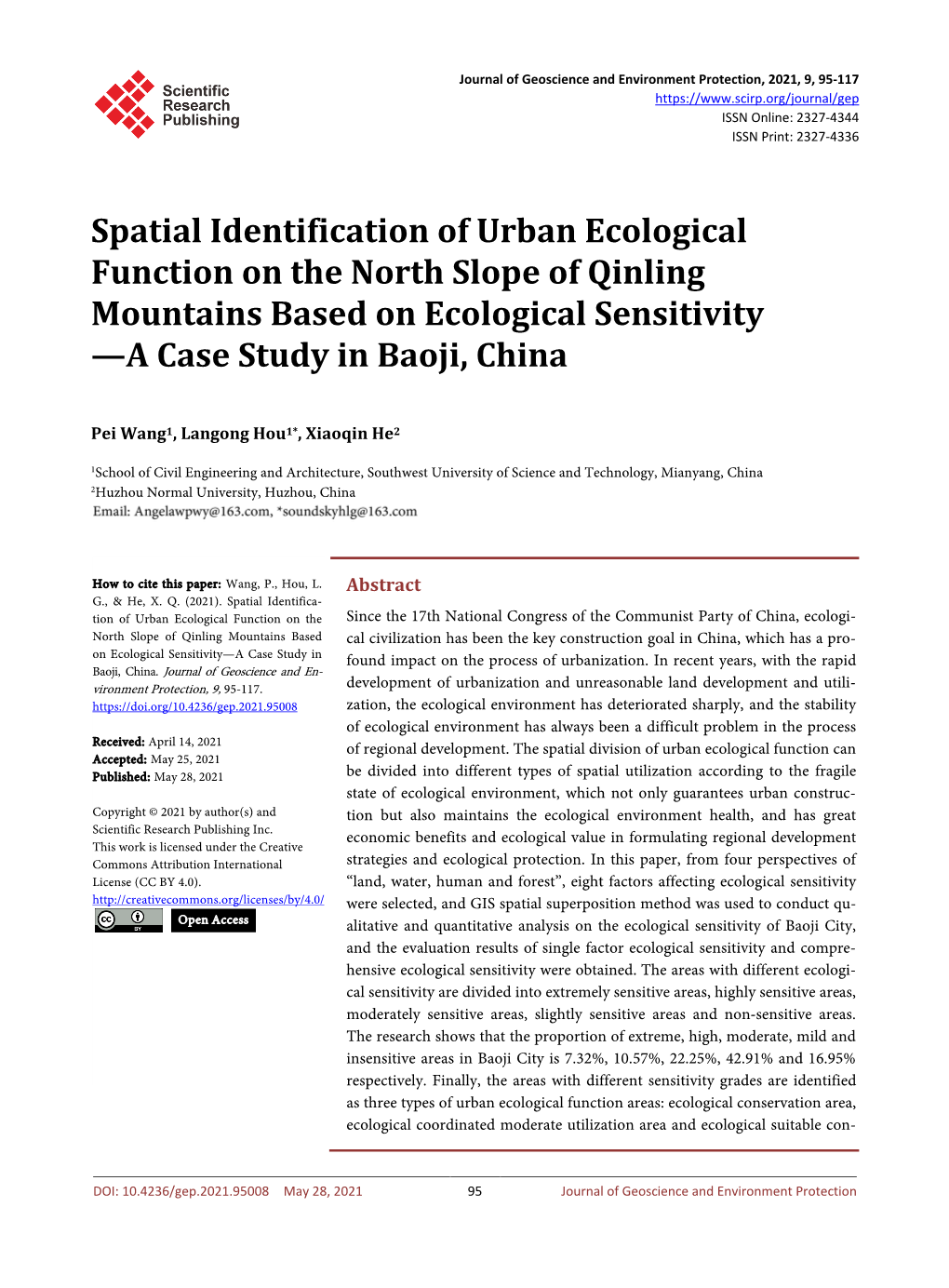 Spatial Identification of Urban Ecological Function on the North Slope of Qinling Mountains Based on Ecological Sensitivity —A Case Study in Baoji, China