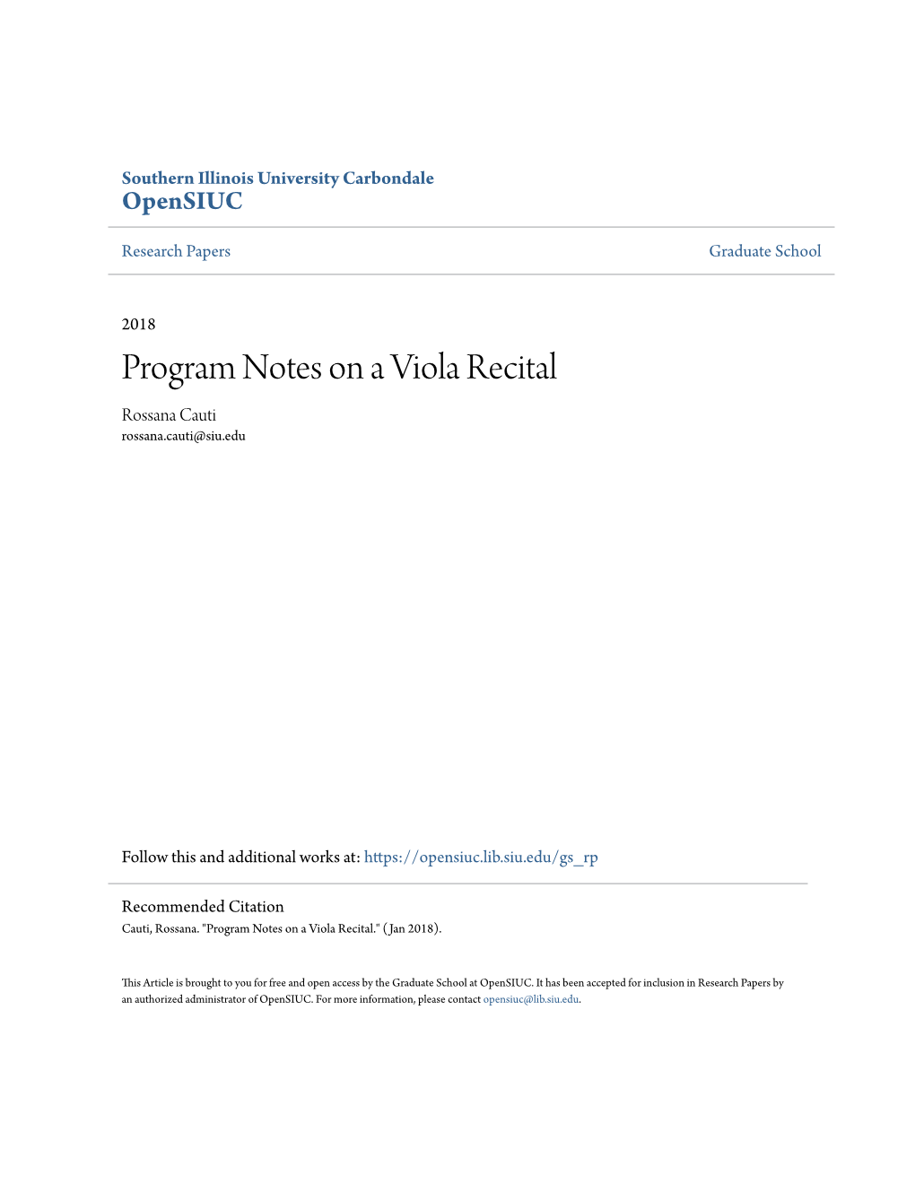 Program Notes on a Viola Recital Rossana Cauti Rossana.Cauti@Siu.Edu