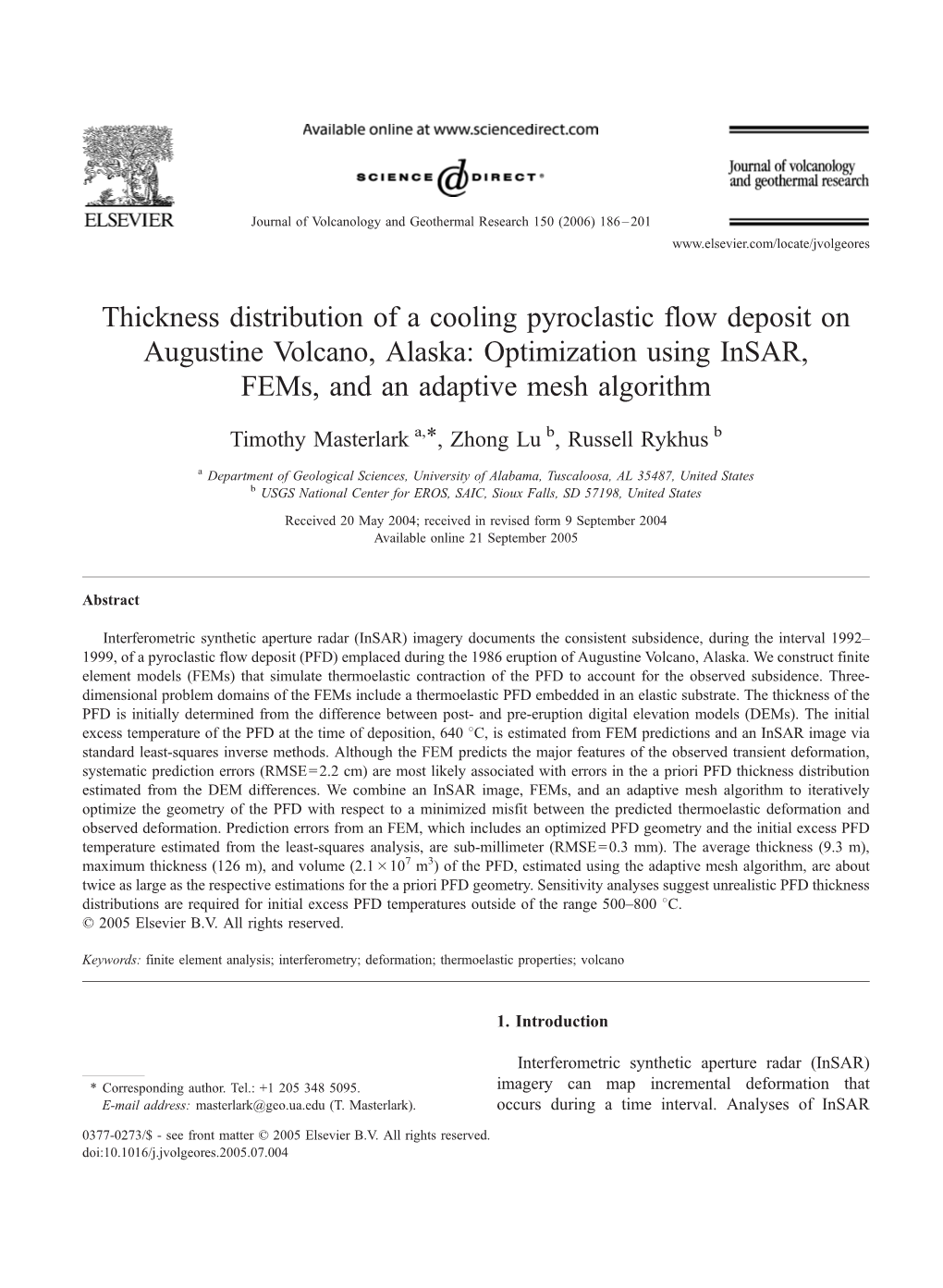 Thickness Distribution of a Cooling Pyroclastic Flow Deposit on Augustine Volcano, Alaska: Optimization Using Insar, Fems, and an Adaptive Mesh Algorithm