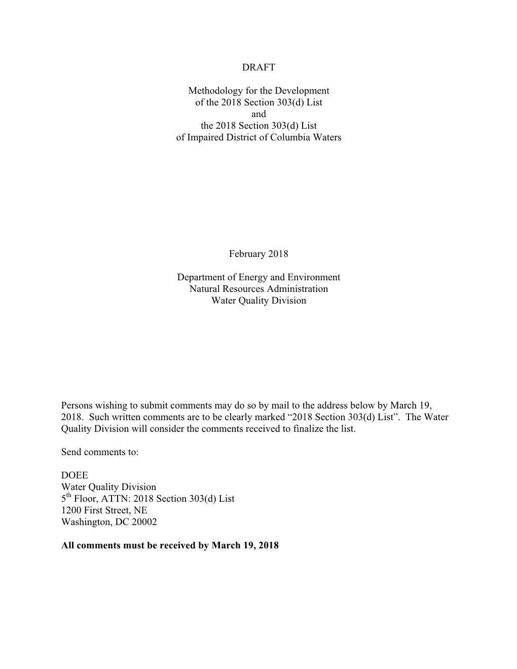 List and the 2018 Section 303(D) List of Impaired District of Columbia Waters