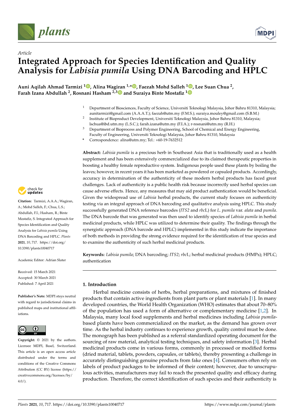 Integrated Approach for Species Identification and Quality Analysis