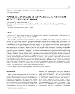 Pomace Brandy Quality of Cultivar Riesling White from Kutjevo Vinegrowing Region S