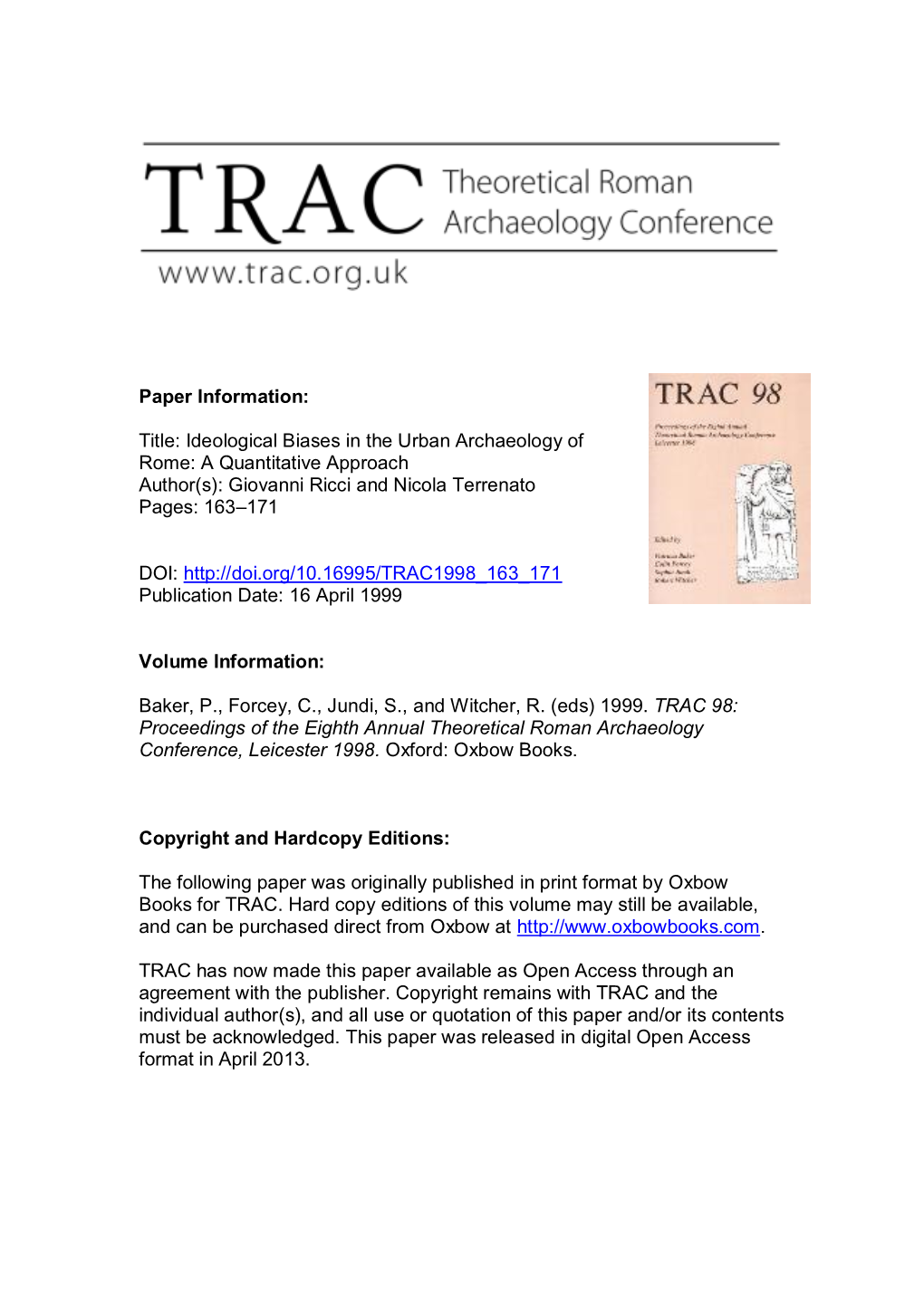 Ideological Biases in the Urban Archaeology of Rome: a Quantitative Approach Author(S): Giovanni Ricci and Nicola Terrenato Pages: 163–171