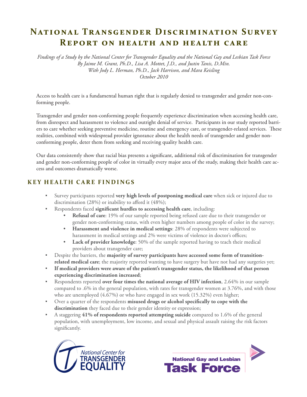 National Transgender Discrimination Survey Report on Health and Health Care