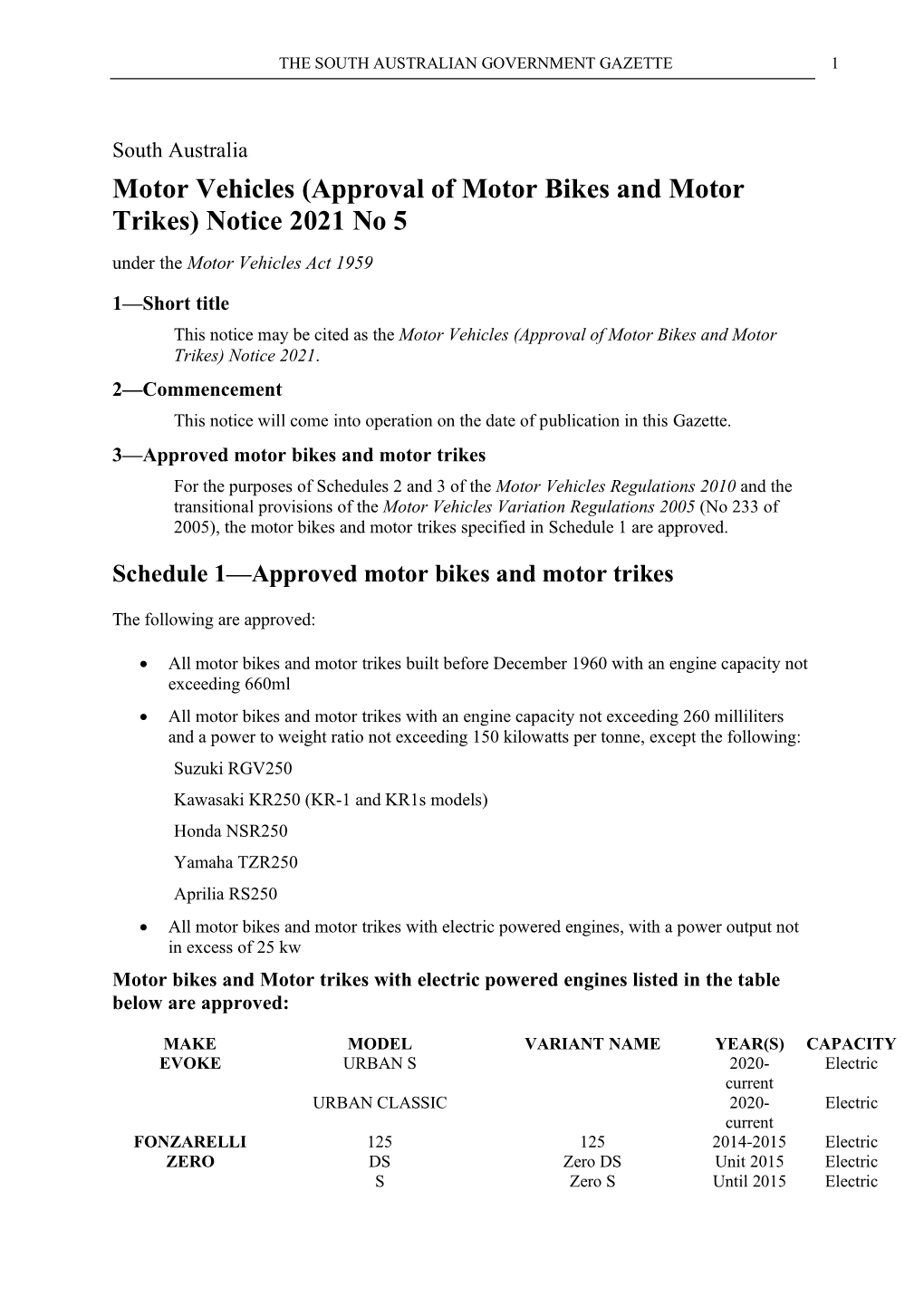 (Approval of Motor Bikes and Motor Trikes) Notice 2021 No 5 Under the Motor Vehicles Act 1959