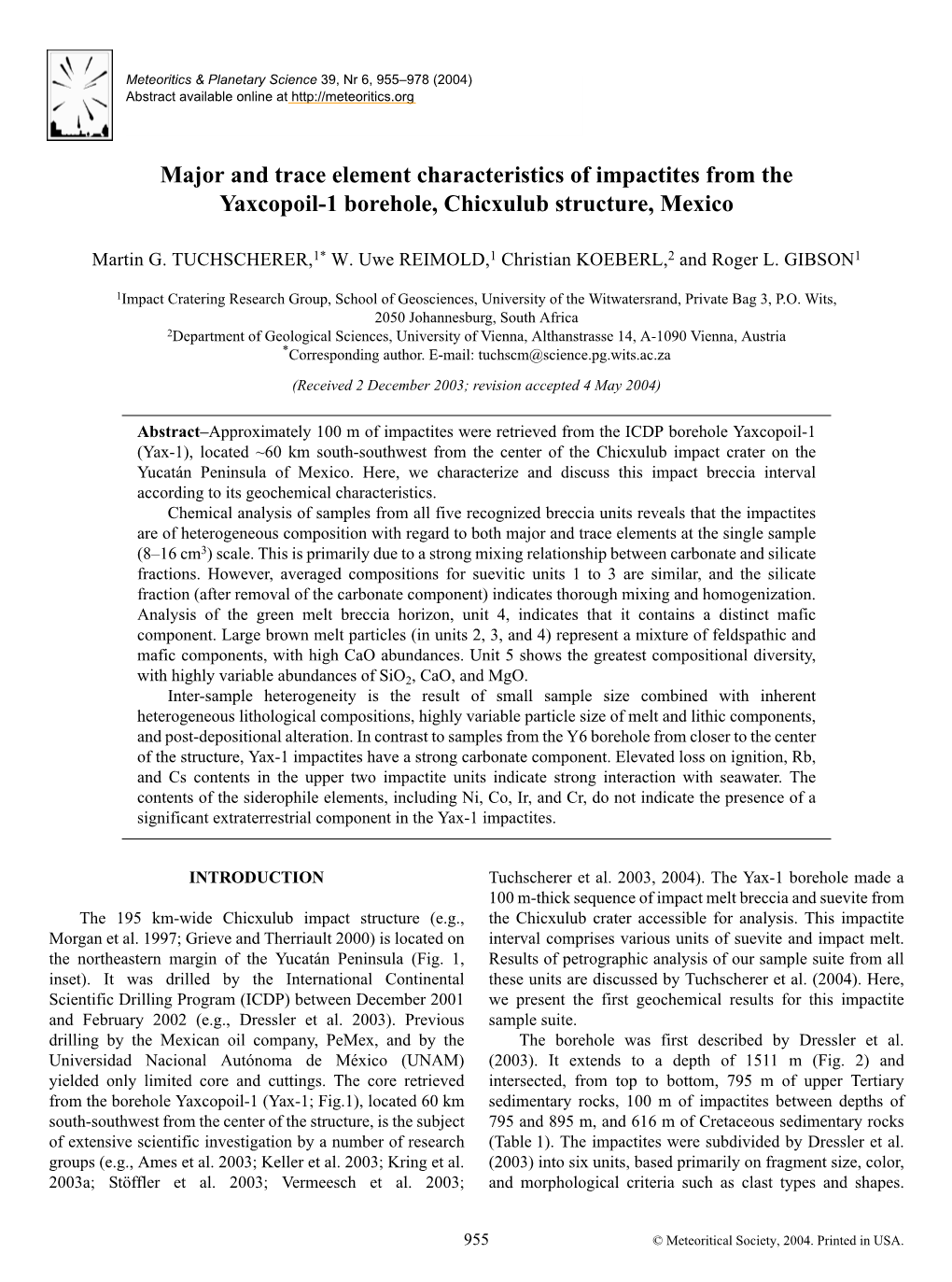 Major and Trace Element Characteristics of Impactites from the Yaxcopoil-1 Borehole, Chicxulub Structure, Mexico