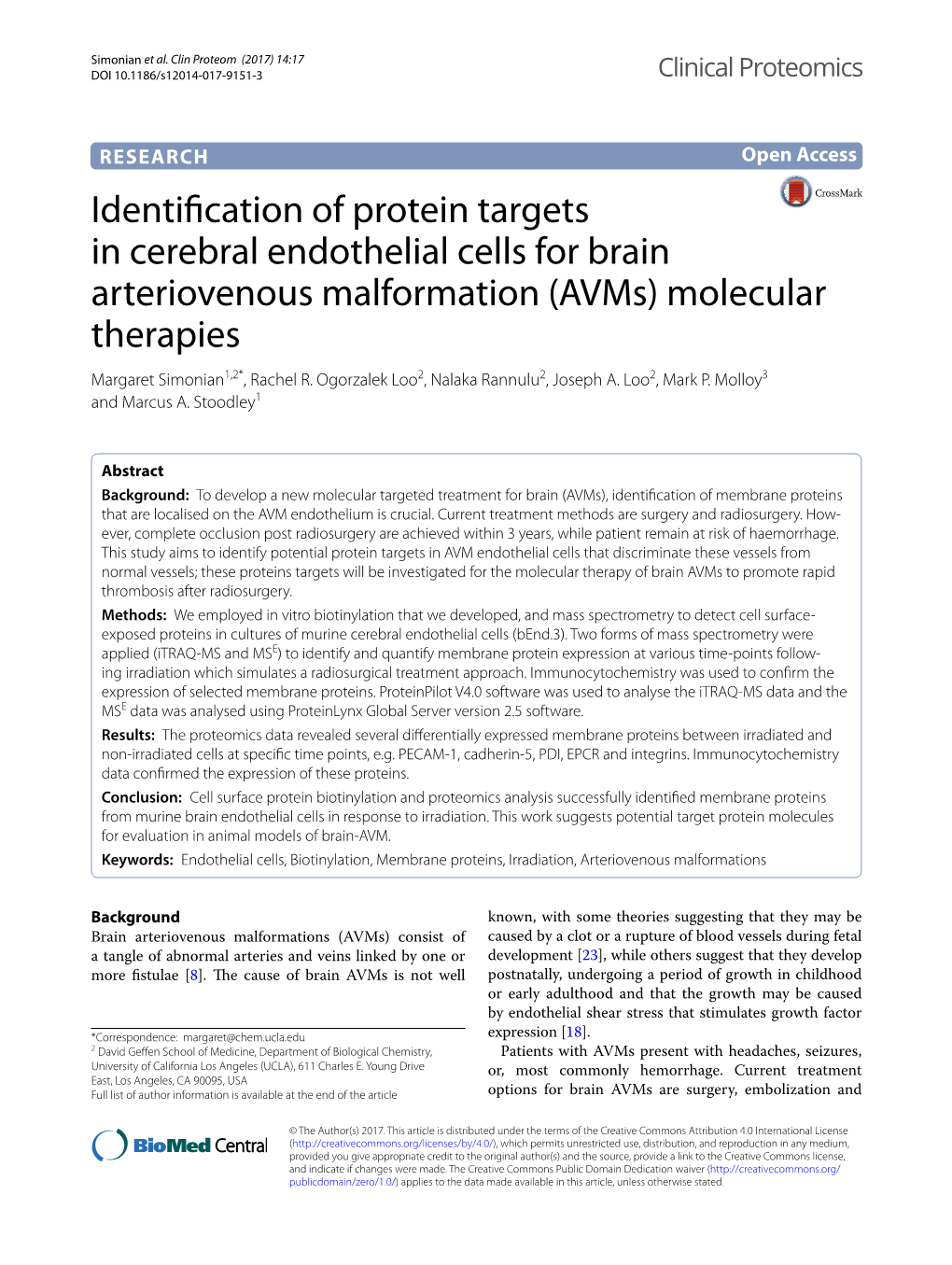 Identification of Protein Targets in Cerebral Endothelial Cells for Brain Arteriovenous Malformation