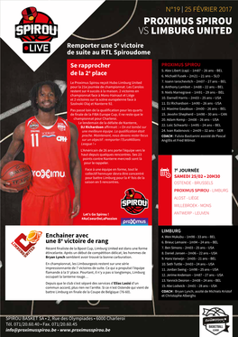 PROXIMUS SPIROU VS LIMBURG UNITED Remporter Une 5E Victoire LIVE De Suite Au RTL Spiroudome