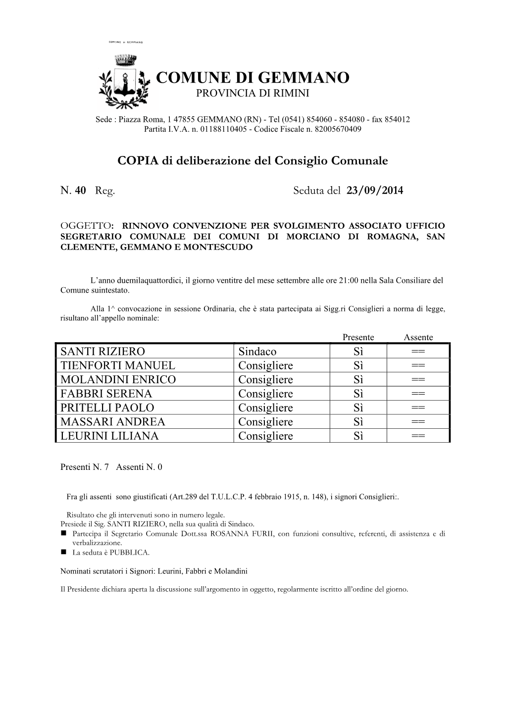 Rinnovo Convenzione Segretario Comunale Morciano-San Clemente