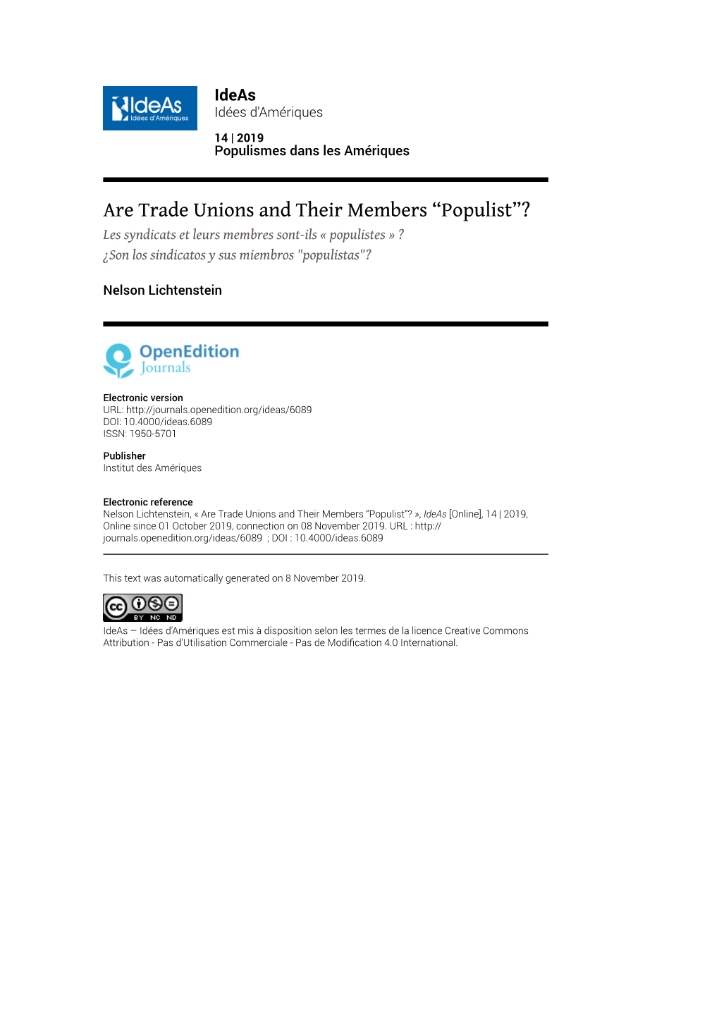 Are Trade Unions and Their Members “Populist”? Les Syndicats Et Leurs Membres Sont-Ils « Populistes » ? ¿Son Los Sindicatos Y Sus Miembros "Populistas"?