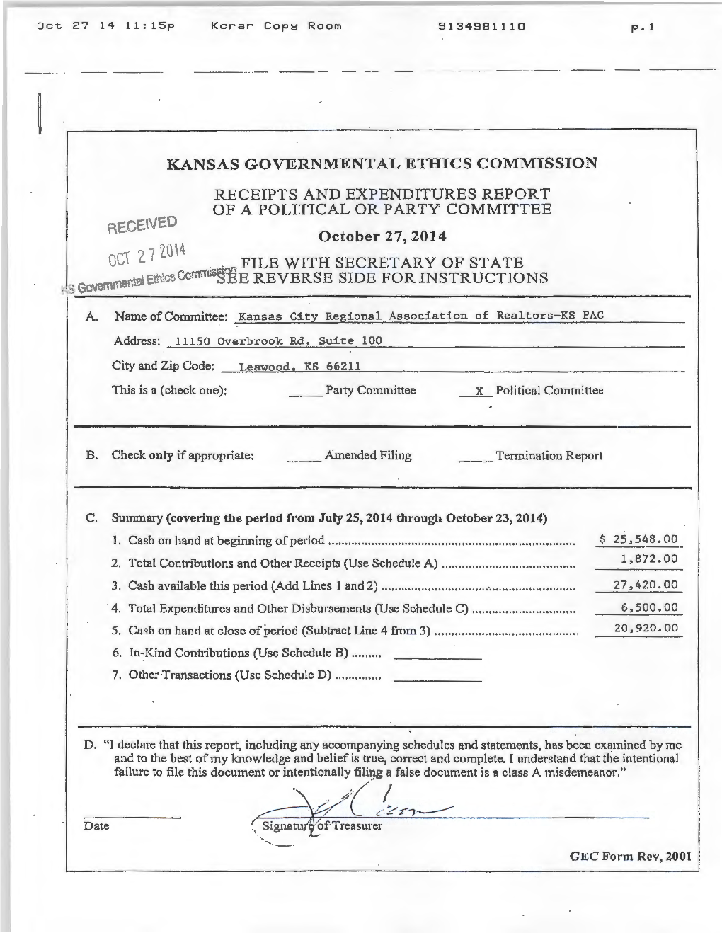 Kansas Governmental Ethics Commission Receipts And