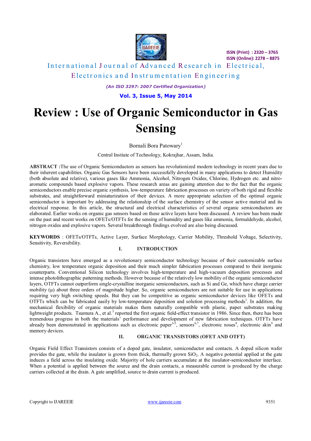 Review : Use of Organic Semiconductor in Gas Sensing