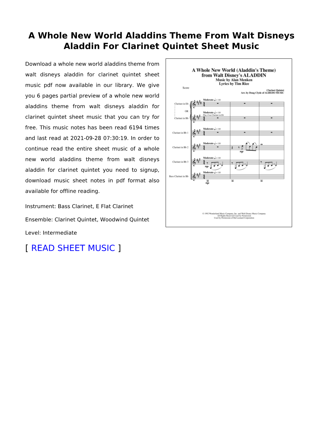 A Whole New World Aladdins Theme from Walt Disneys Aladdin for Clarinet Quintet Sheet Music