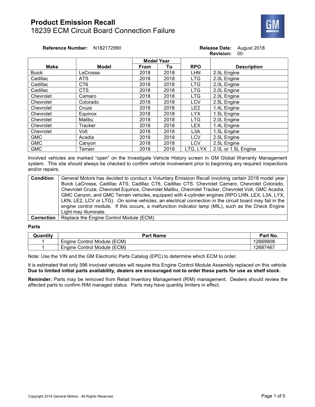 Product Emission Recall 18239 ECM Circuit Board Connection Failure