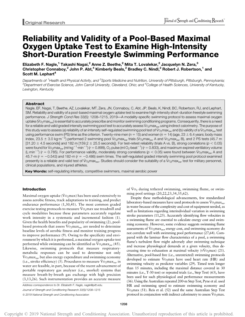 Reliability and Validity of a Pool-Based Maximal Oxygen Uptake Test to Examine High-Intensity Short-Duration Freestyle Swimming Performance