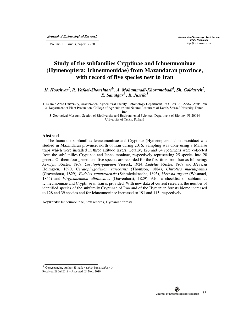 Hymenoptera: Ichneumonidae) from Mazandaran Province, with Record of Five Species New to Iran