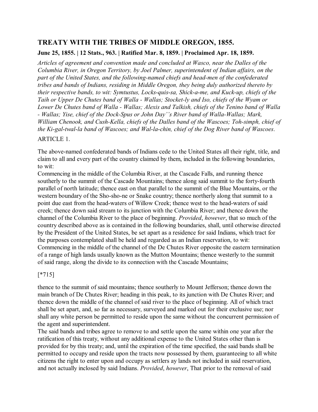 TREATY with the TRIBES of MIDDLE OREGON, 1855. June 25, 1855