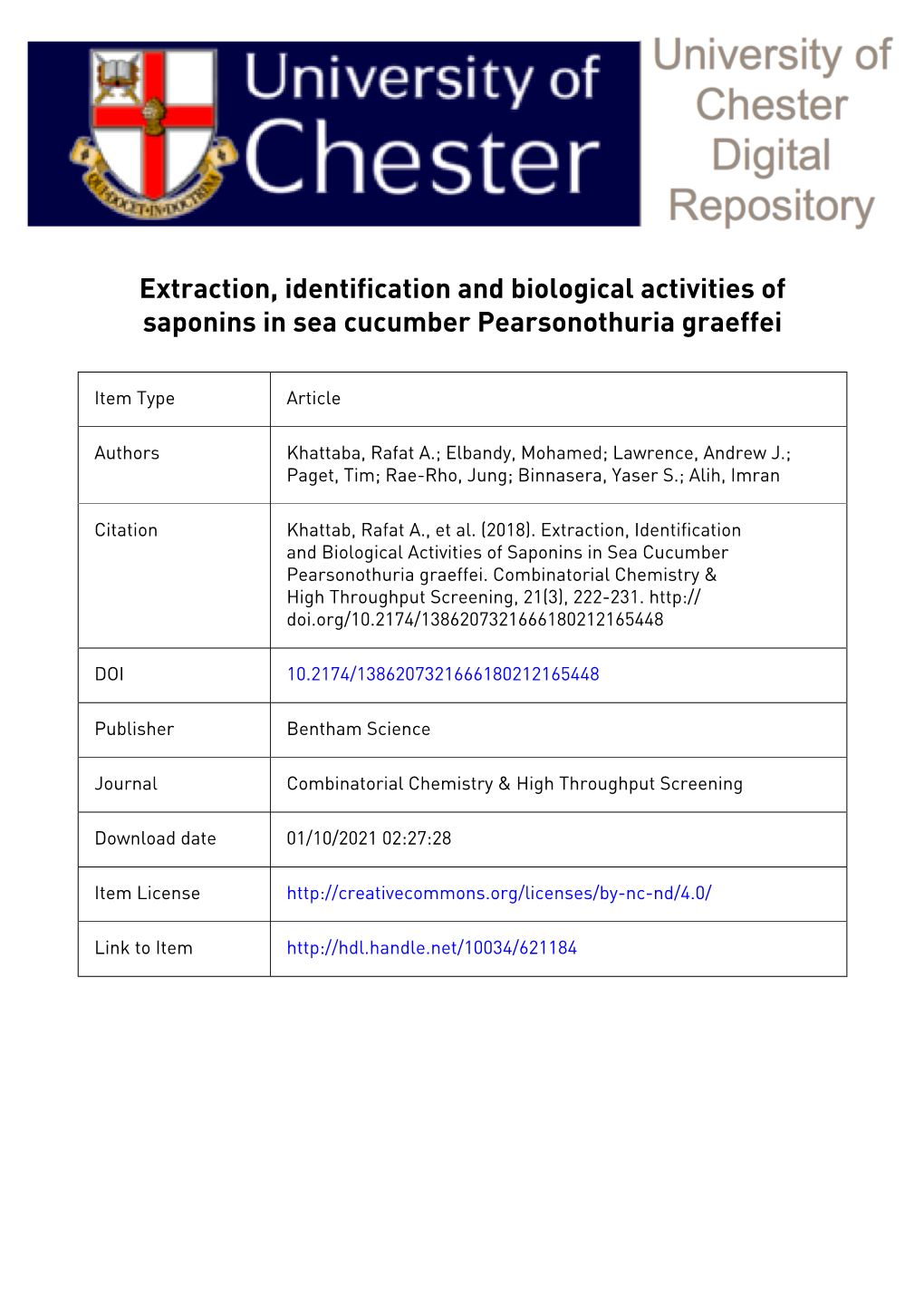 Extraction, Identification and Biological Activities of Saponins in Sea Cucumber Pearsonothuria Graeffei