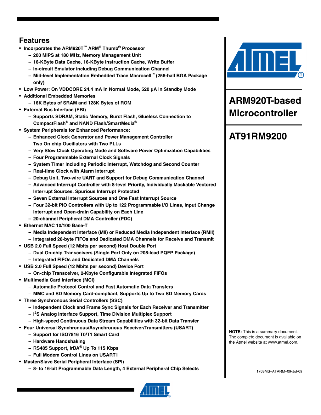 ARM920T-Based Microcontroller AT91RM9200