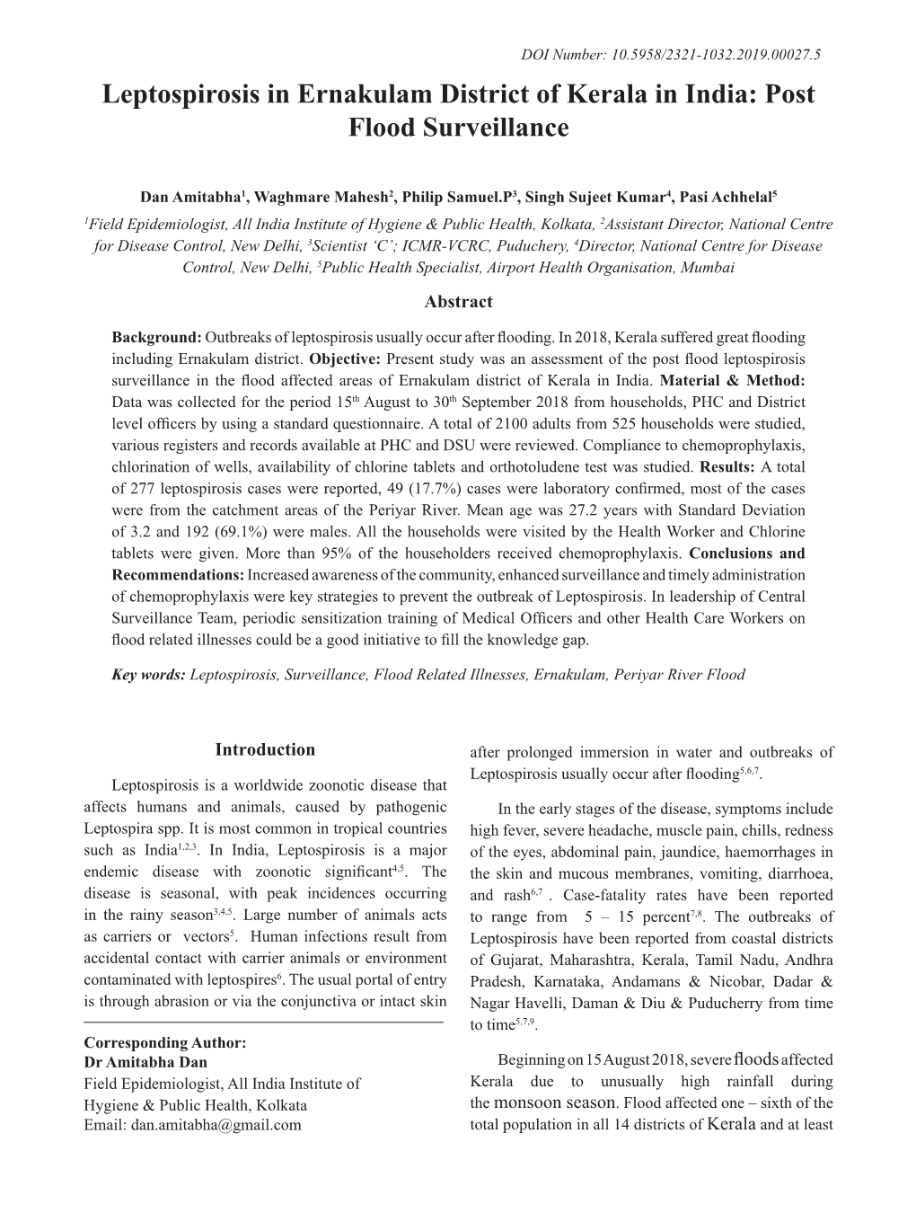 Leptospirosis in Ernakulam District of Kerala in India: Post Flood Surveillance