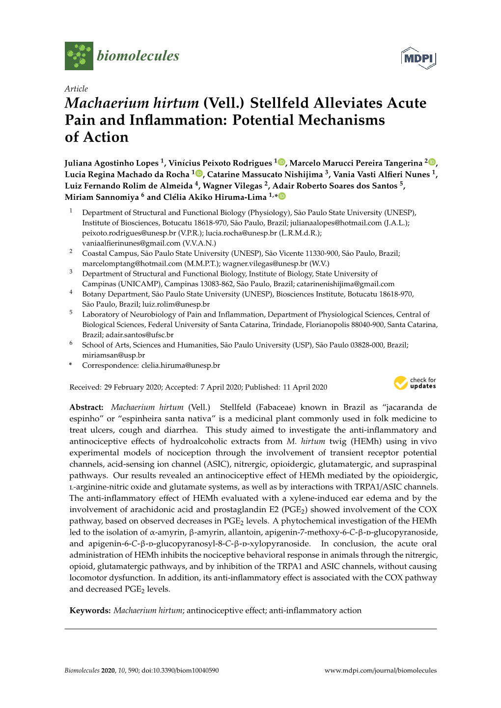 Machaerium Hirtum (Vell.) Stellfeld Alleviates Acute Pain and Inflammation: Potential Mechanisms of Action