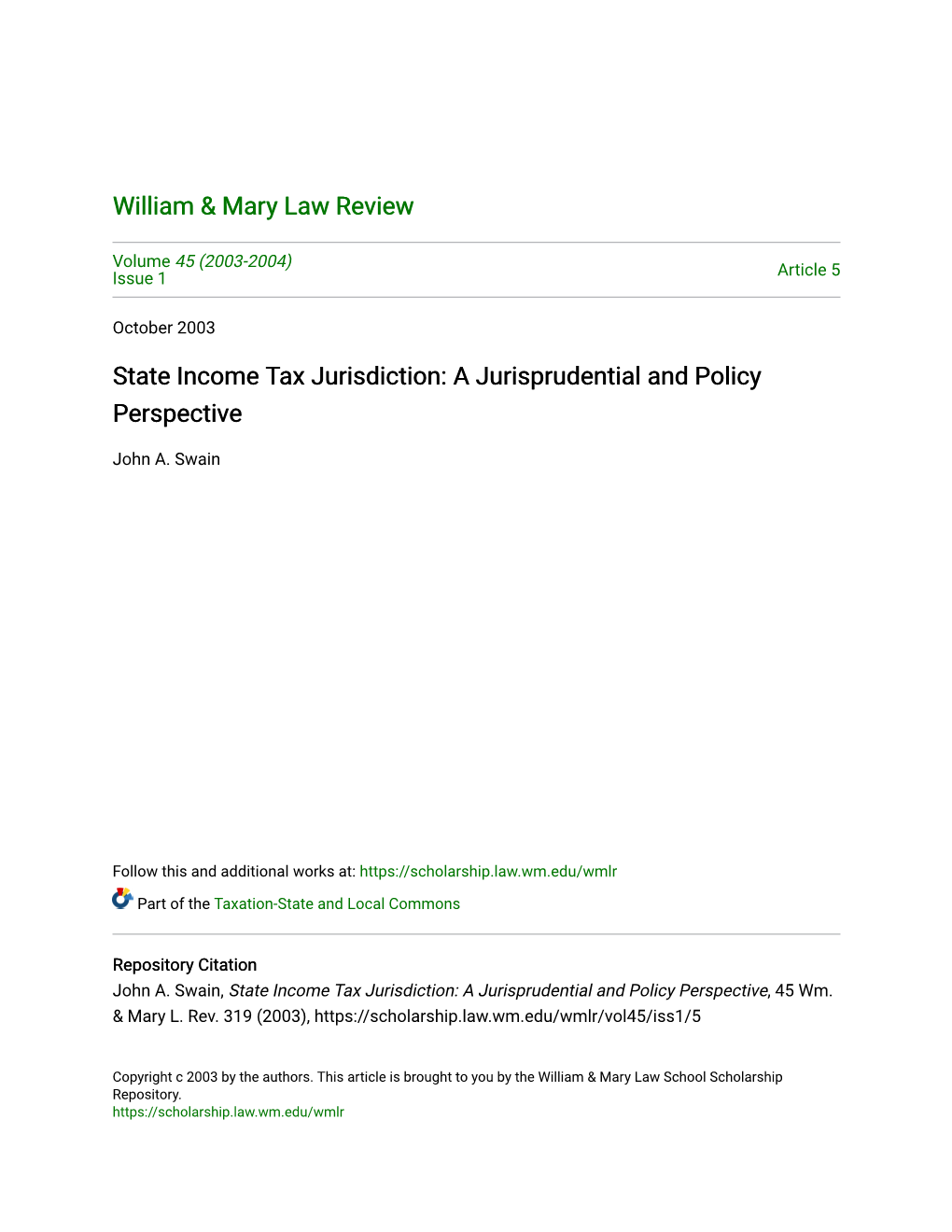 State Income Tax Jurisdiction: a Jurisprudential and Policy Perspective