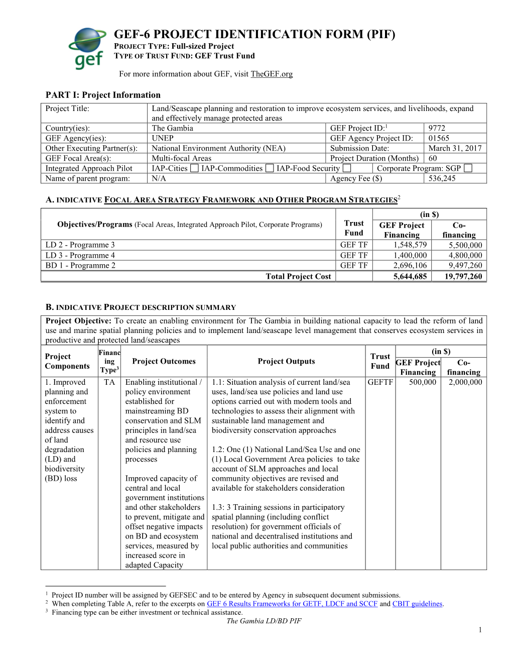 GEF-6 PROJECT IDENTIFICATION FORM (PIF) PROJECT TYPE: Full-Sized Project TYPE of TRUST FUND: GEF Trust Fund