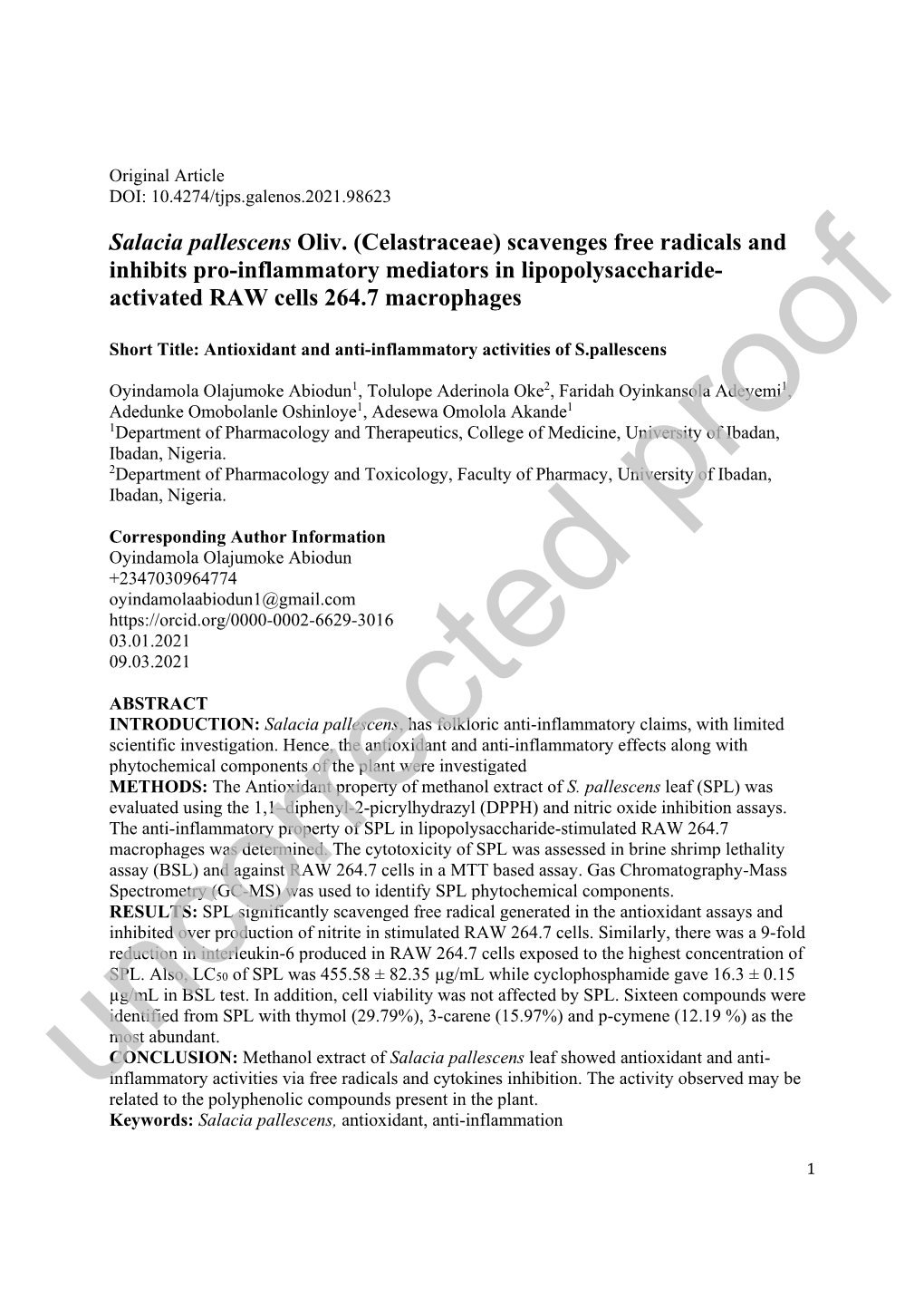 Salacia Pallescens Oliv. (Celastraceae) Scavenges Free Radicals and Inhibits Pro-Inflammatory Mediators in Lipopolysaccharide- Activated RAW Cells 264.7 Macrophages