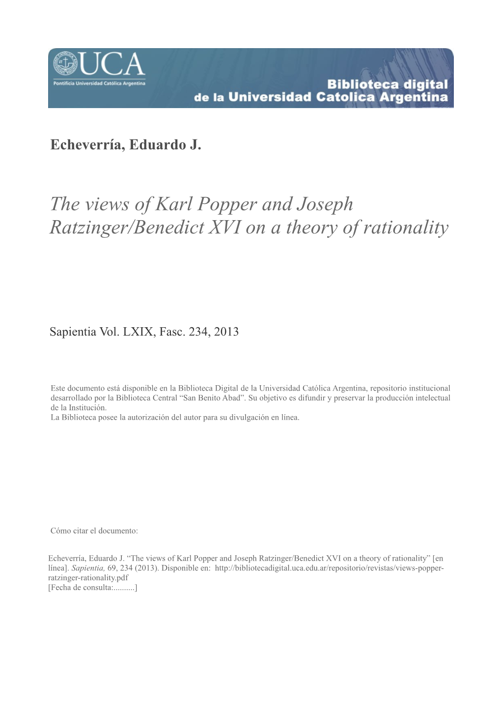 The Views of Karl Popper and Joseph Ratzinger/Benedict XVI on a Theory of Rationality