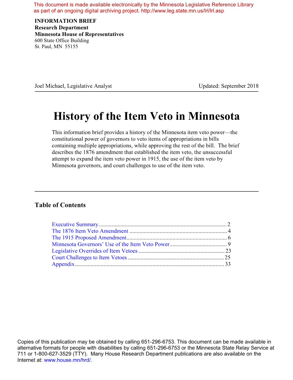 History of the Item Veto in Minnesota