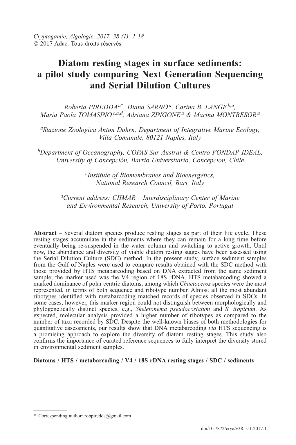 Diatom Resting Stages in Surface Sediments: a Pilot Study Comparing Next Generation Sequencing and Serial Dilution Cultures