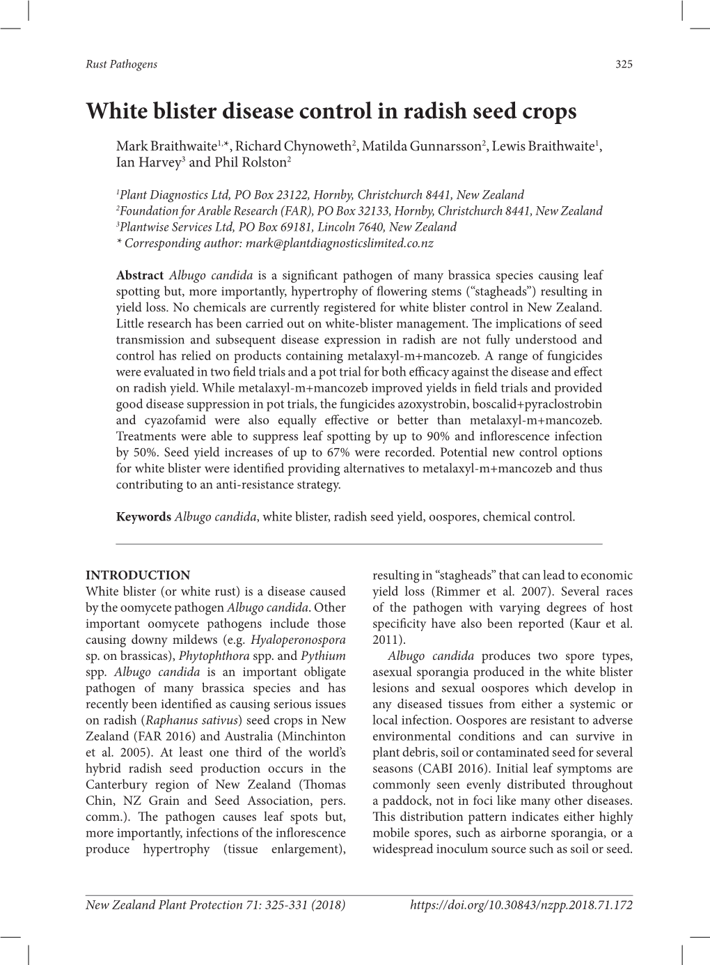 White Blister Disease Control in Radish Seed Crops Transactions of the Bristish Mycological Dickinson MJ 2001