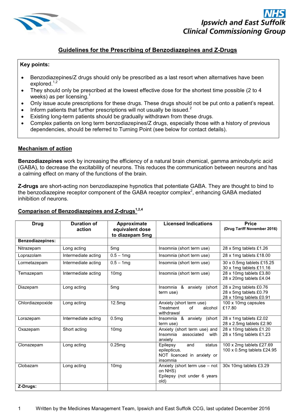 Guidelines for the Prescribing of Benzodiazepines and Z-Drugs