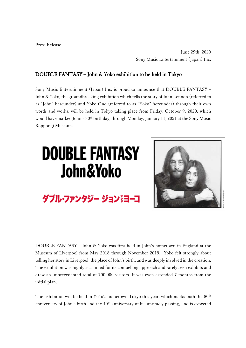 DOUBLE FANTASY – John & Yoko Exhibition to Be Held in Tokyo