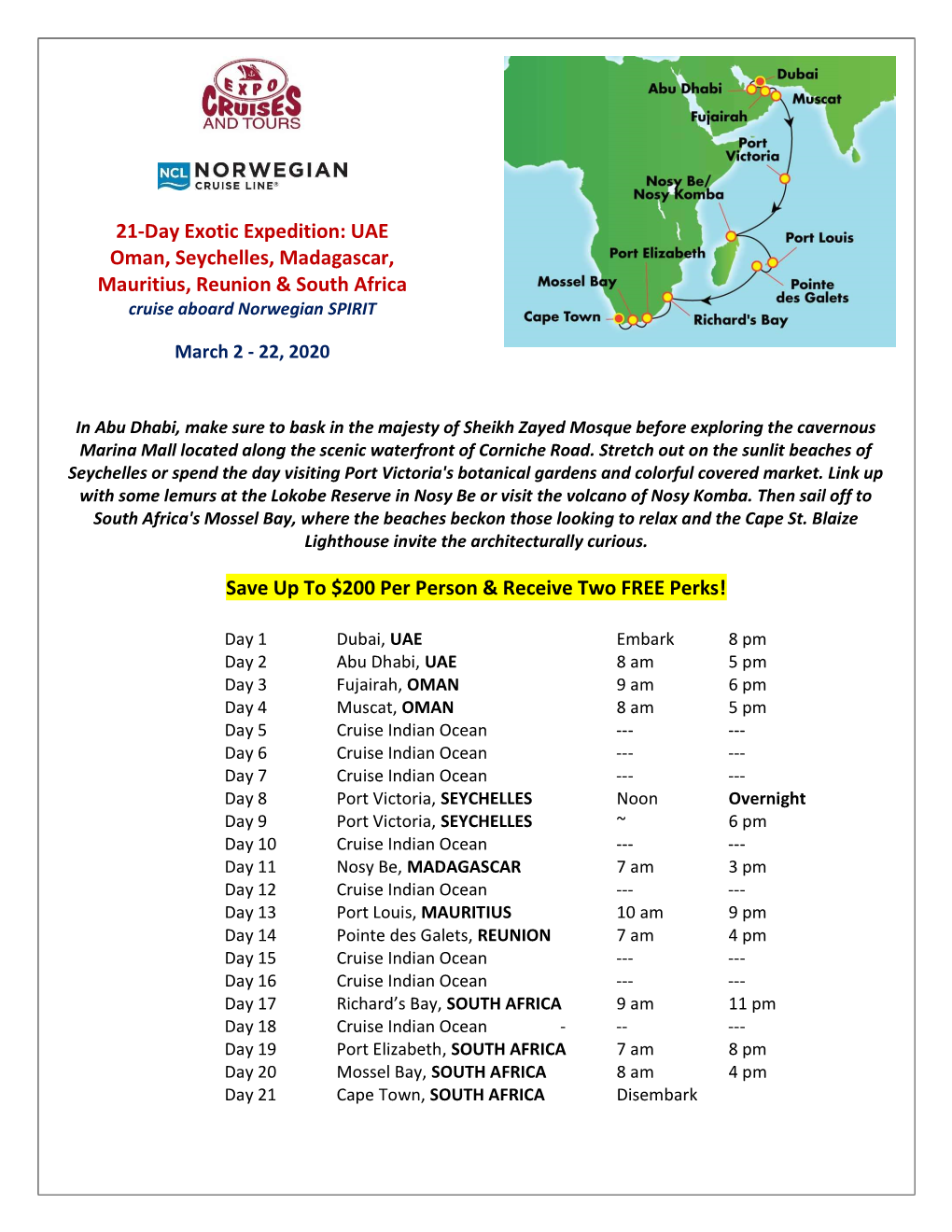 UAE Oman, Seychelles, Madagascar, Mauritius, Reunion & South