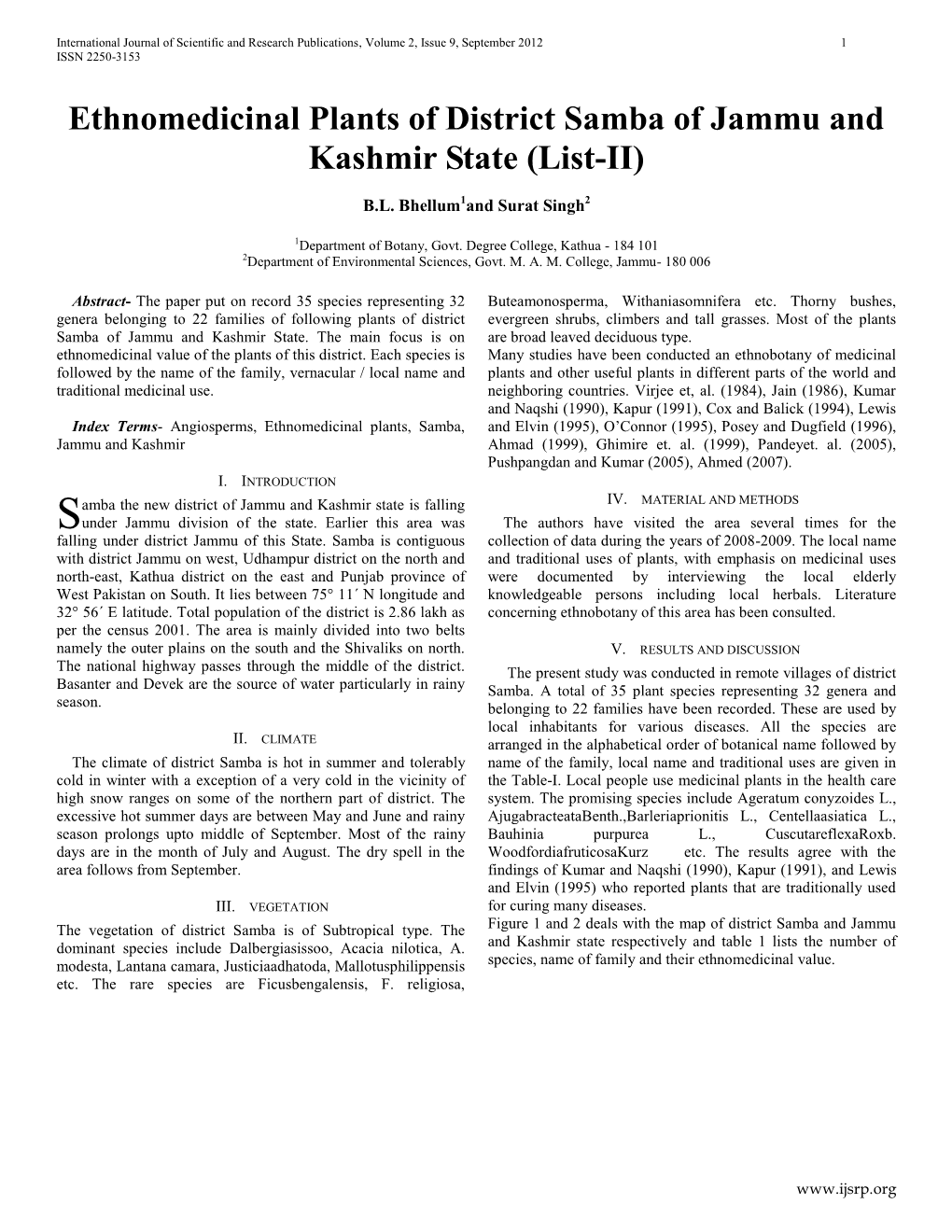 Ethnomedicinal Plants of District Samba of Jammu and Kashmir State (List-II)