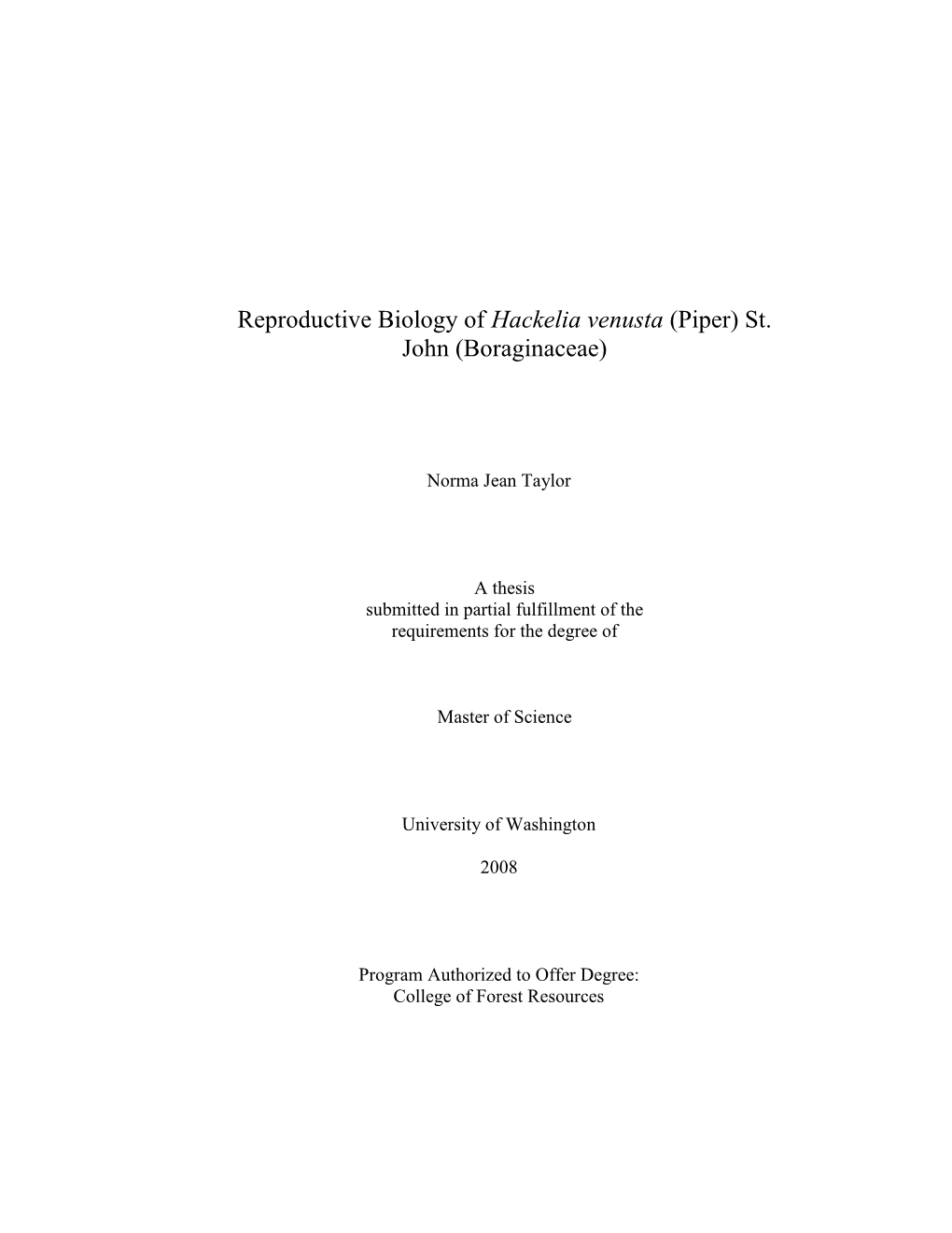 Reproductive Biology of Hackelia Venusta (Piper) St