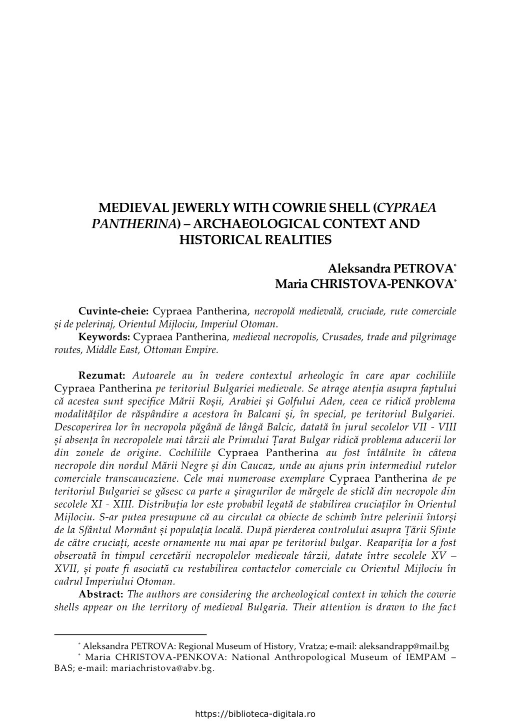 Medieval Jewerly with Cowrie Shell (Cypraea Pantherina) – Archaeological Context and Historical Realities