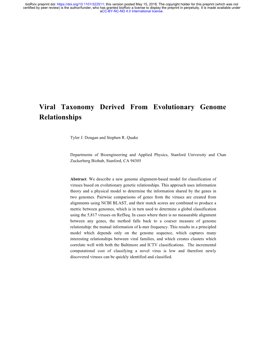 Viral Taxonomy Derived from Evolutionary Genome Relationships