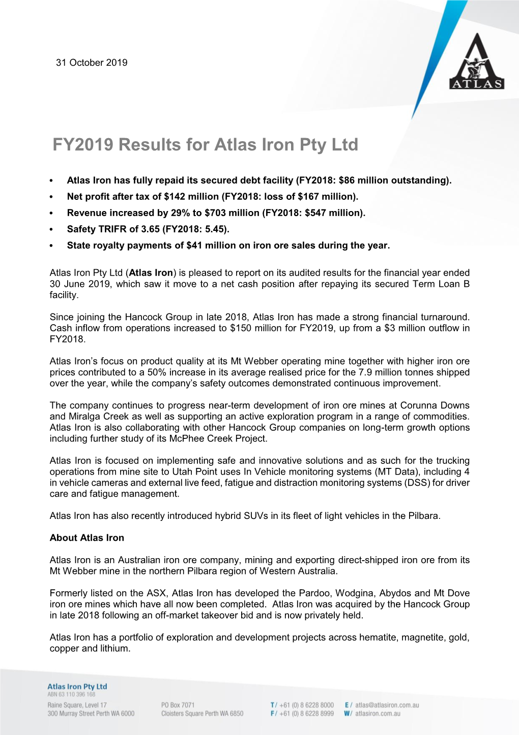 FY2019 Results for Atlas Iron Pty Ltd