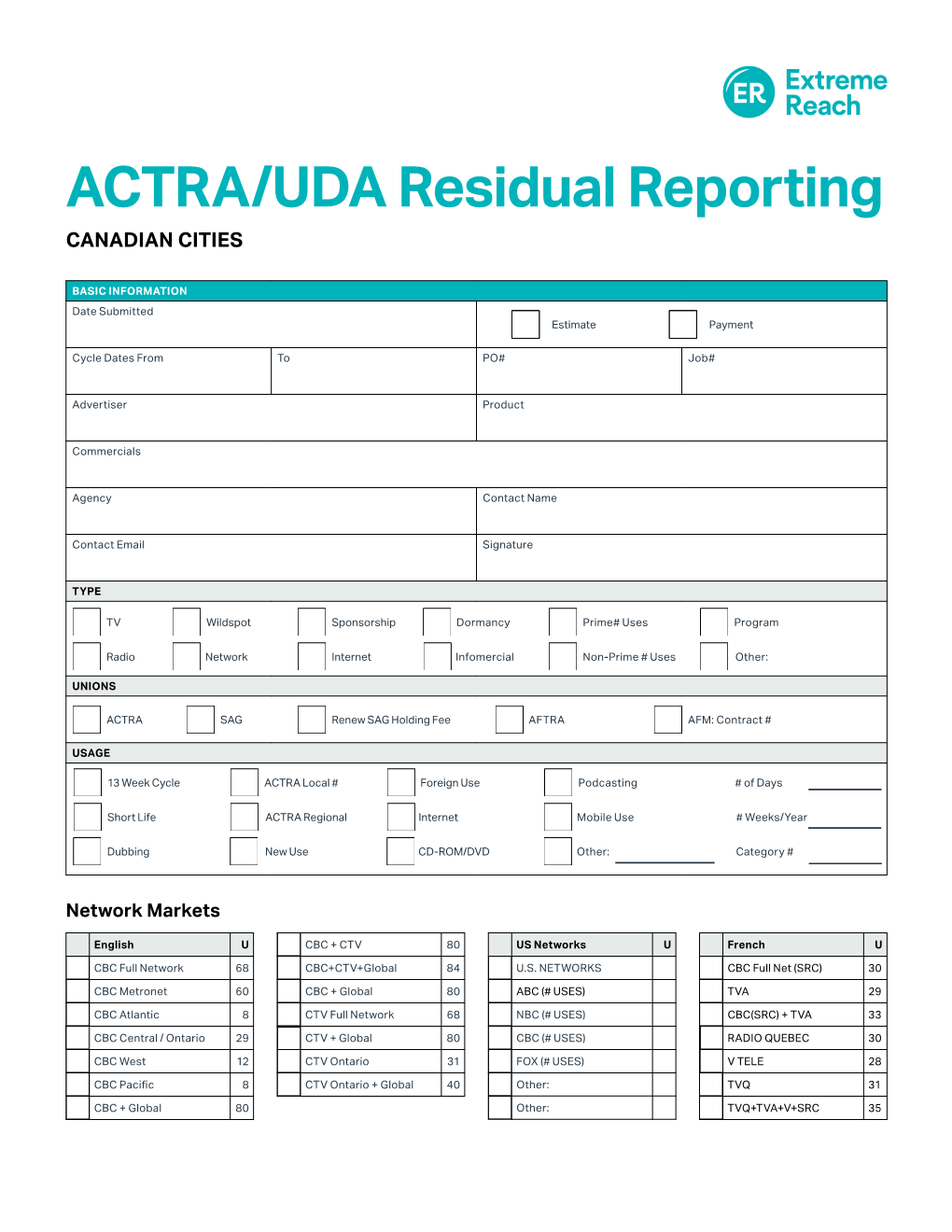 ACTRA/UDA Residual Reporting for Canadian Cities