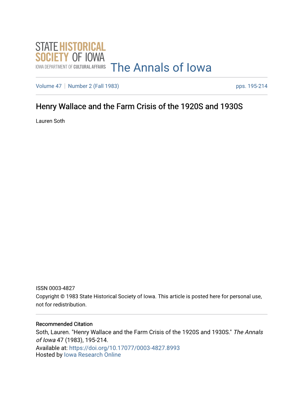 Henry Wallace and the Farm Crisis of the 1920S and 1930S